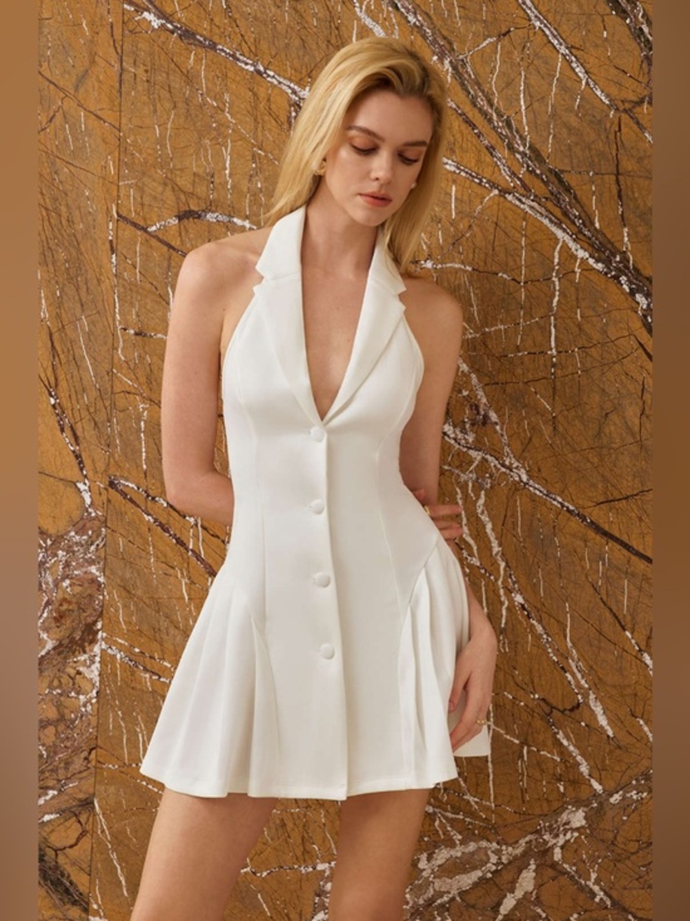 Micas Halter Neck Button Ruffle Sleeveless Mini Dress m XP-15